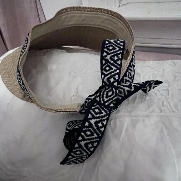 Sea & Grass Visor Hat Navy And White Diamond Pattern Ribbon Soft Paper Straw - Picture 8 of 9